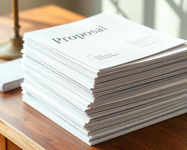 A stack of printed client proposals on a desk