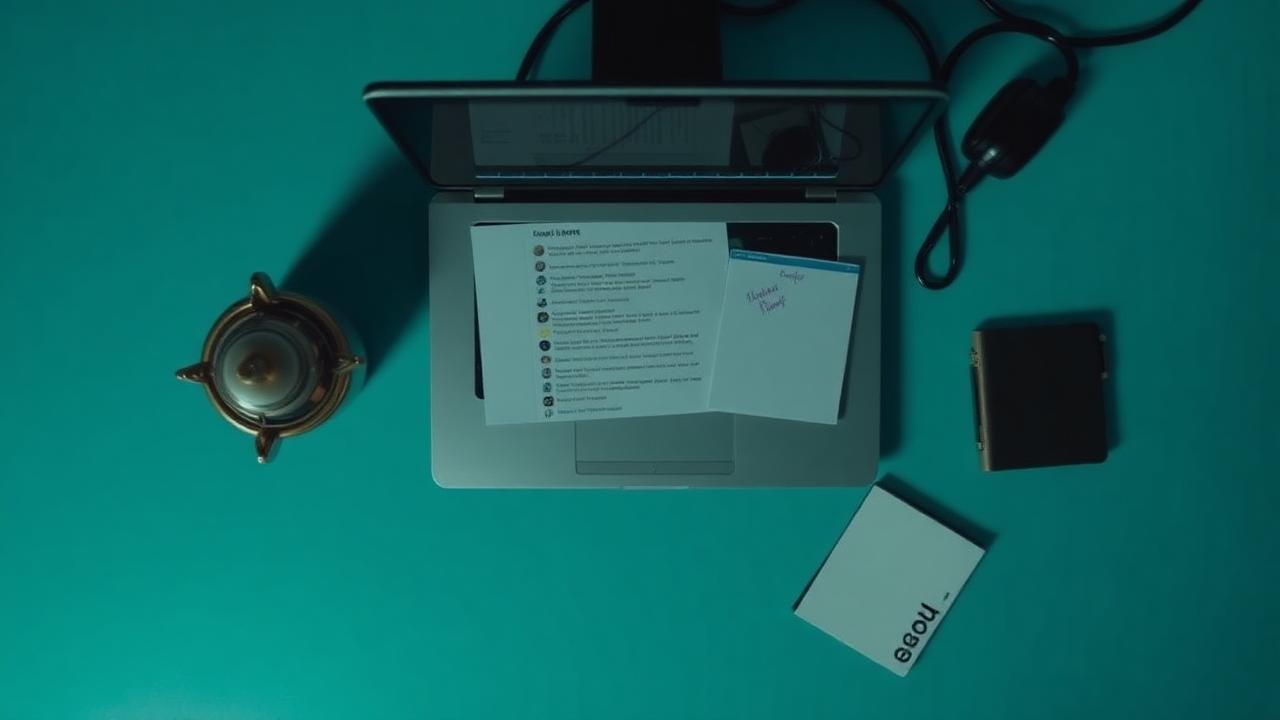 Overhead shot of a laptop on a teal desk showing an overflowing email inbox