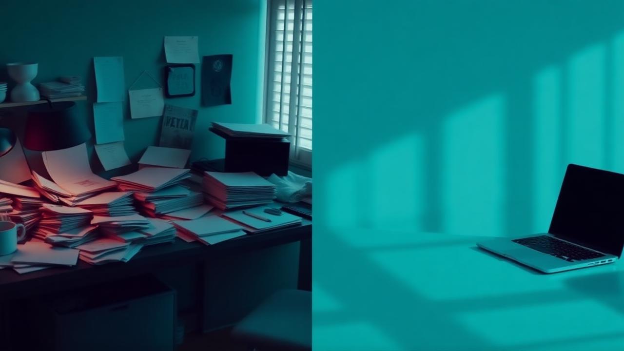 Split-screen thumbnail: a desk buried in paperwork beside a calm, clear workspace