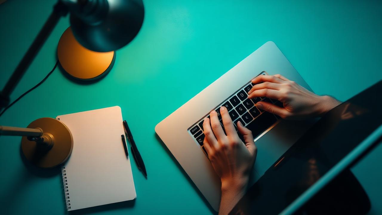 Overhead shot of hands typing on a laptop beside a blank notebook under warm lamp light
